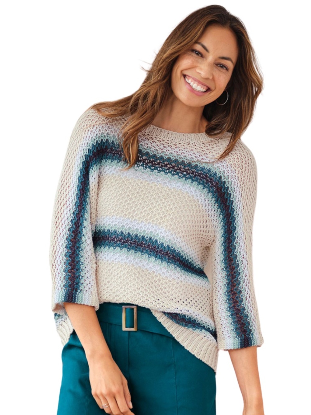 (20) NEW J. Jill Linen Cotton Striped Open Stitch Sweater Navy Blue Multi XS
